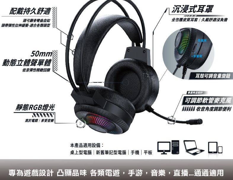 KTNET  GM1000全罩式電競LED耳機麥克風