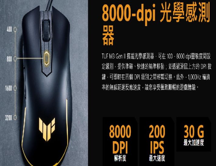ASUS TUF Gaming M3 Gen II 有線電競滑鼠 59克超輕量有線電競滑鼠,具備 IP56 防塵防水