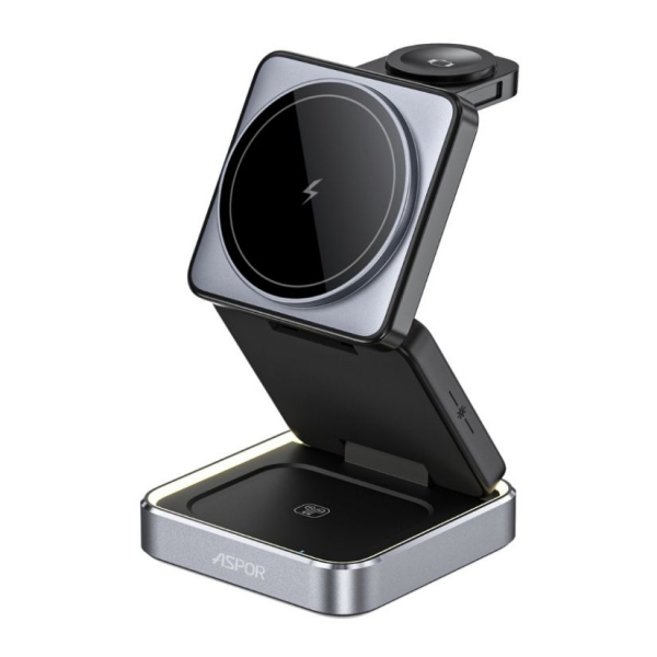 ASPOR W90 22W小魔方摺疊三合一磁吸無線充電座 可調節氛圍燈(手機/智慧手錶/耳機無線充電)